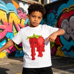 Strawberry Elephant Pixel Print Kids T-Shirt Loose Breathable Cotton Soft Machine Washable for School Casual Sport Daily Wear
