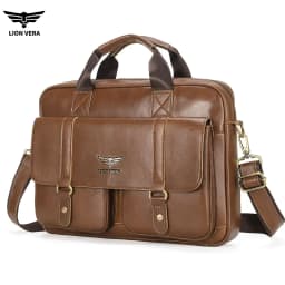 LION VERA Men's Genuine Leather Briefcase Business Casual Commuting Bag Portable Crossbody Shoulder Bag 15.7-inch Laptop Bag