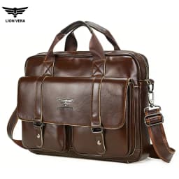 LION VERA Men's Genuine Leather Briefcase Business Casual Commuting Bag Portable Crossbody Shoulder Bag 15.7-inch Laptop Bag