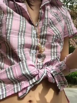 Tonngirls American Retro Plaid Shirt Women Short Sleeve Slim Shirt And Blouse Streetwear Y2k Vintage Tops Japanese 2000s Tshirts