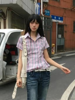 Tonngirls American Retro Plaid Shirt Women Short Sleeve Slim Shirt And Blouse Streetwear Y2k Vintage Tops Japanese 2000s Tshirts