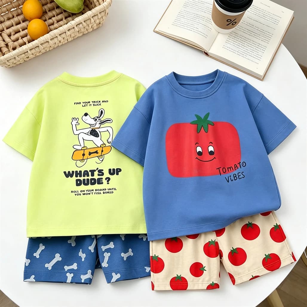 Fashion Costume Short-sleeved Shorts Outfits Summer Child Cartoon Tshirt Full Print Shorts 2Piece Set Toddler Cute Tees+Shorts
