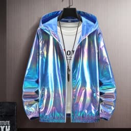 Men Jacket Glittery Reflective Panels Hooded Long Sleeve Zipper Closure Disco Coat with Decorative Cuffs Parties Nightclubs Coat
