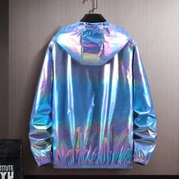 Men Jacket Glittery Reflective Panels Hooded Long Sleeve Zipper Closure Disco Coat with Decorative Cuffs Parties Nightclubs Coat