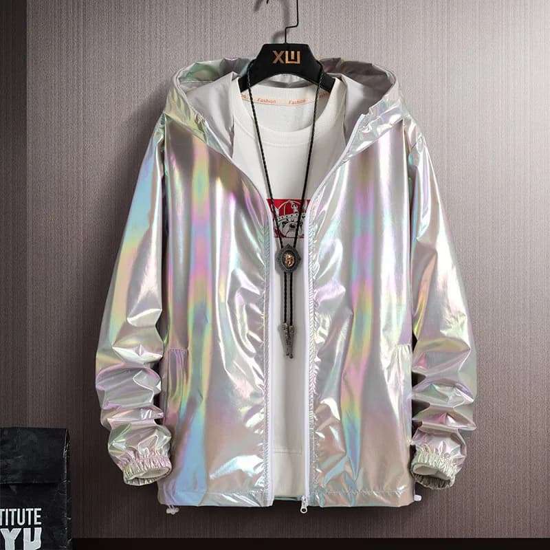 Men Jacket Glittery Reflective Panels Hooded Long Sleeve Zipper Closure Disco Coat with Decorative Cuffs Parties Nightclubs Coat
