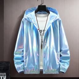 Men Jacket Glittery Reflective Panels Hooded Long Sleeve Zipper Closure Disco Coat with Decorative Cuffs Parties Nightclubs Coat