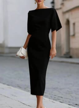Boat Neck Midi Dress Short Sleeve Elegant Formal Cocktail Party Dress for Women