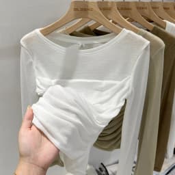 Zjaiss 2026 Spring Summer Mesh Thin Long Sleeve Women's T-Shirt Irregular Waist Cinched Inner Base Top Elegant Sexy Skinny Tee