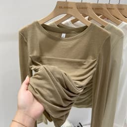Zjaiss 2026 Spring Summer Mesh Thin Long Sleeve Women's T-Shirt Irregular Waist Cinched Inner Base Top Elegant Sexy Skinny Tee