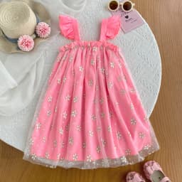 Girls Sweet Dresses Summer Daisy Mesh Suspender Strapless Flying Sleeve Dress Girl's Flowery Cute Kids Clothes