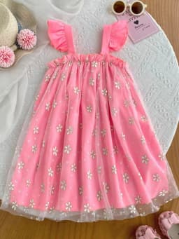 Girls Sweet Dresses Summer Daisy Mesh Suspender Strapless Flying Sleeve Dress Girl's Flowery Cute Kids Clothes