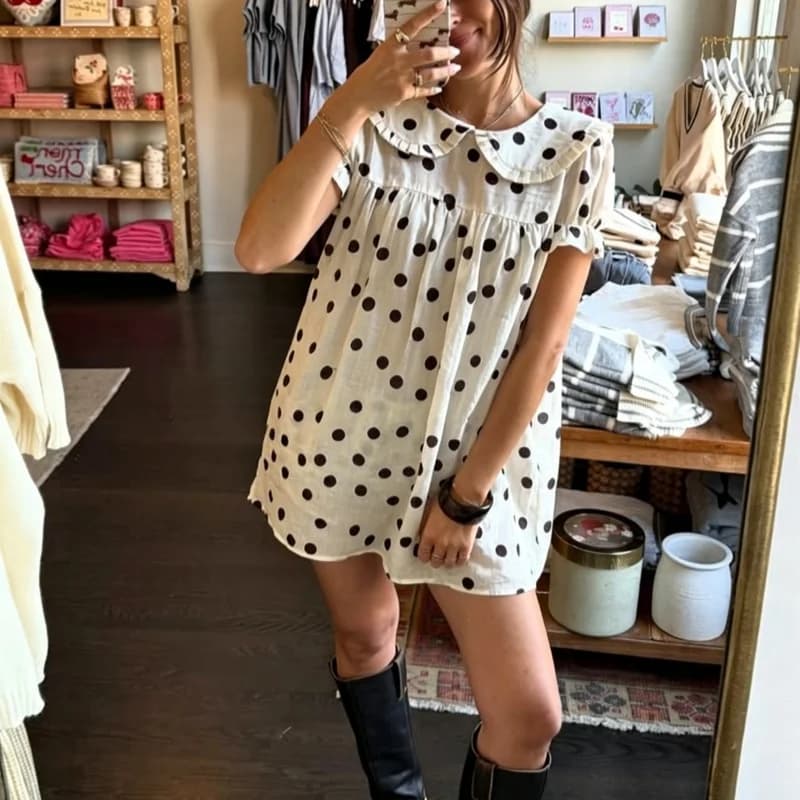 Women's Summer Baby Doll Mini Dress Stripe/Dot Print Short Sleeve Doll Collar Loose Dress