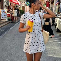 Women's Summer Baby Doll Mini Dress Stripe/Dot Print Short Sleeve Doll Collar Loose Dress