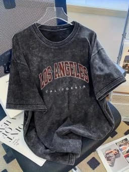 Vintage Washed Los Angeles Arch Letter Graphic T-Shirt, Retro USA City Casual Washed Black Crew Neck Short Sleeve Unisex Top