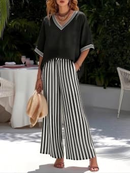 Fashion Printed Striped V-neck Short-sleeved Top + Wide-leg Trousers 2-piece Set Summer Casual Simple 9-point Pants Vacation Set
