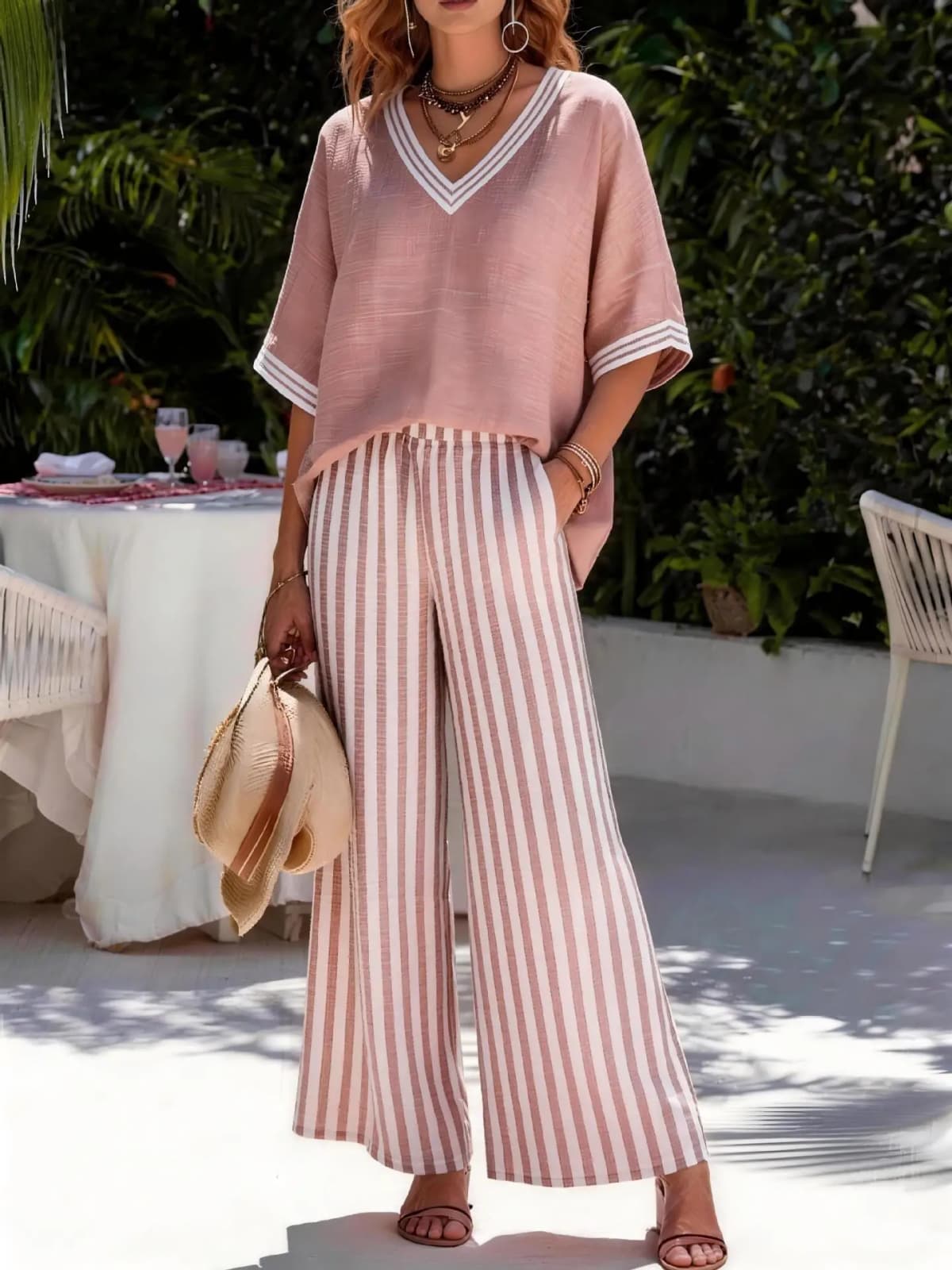 Fashion Printed Striped V-neck Short-sleeved Top + Wide-leg Trousers 2-piece Set Summer Casual Simple 9-point Pants Vacation Set