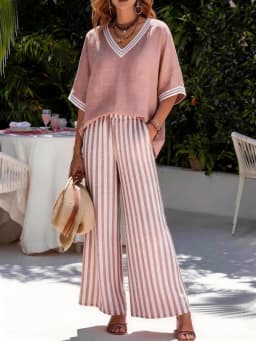 Fashion Printed Striped V-neck Short-sleeved Top + Wide-leg Trousers 2-piece Set Summer Casual Simple 9-point Pants Vacation Set