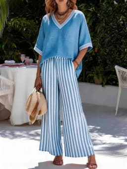 Fashion Printed Striped V-neck Short-sleeved Top + Wide-leg Trousers 2-piece Set Summer Casual Simple 9-point Pants Vacation Set