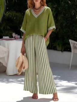 Fashion Printed Striped V-neck Short-sleeved Top + Wide-leg Trousers 2-piece Set Summer Casual Simple 9-point Pants Vacation Set