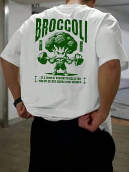 Stylish 100 Cotton Mens T shirt Featuring Green Broccoli Gym Character Ideal for Summer Urban Style and Workouts