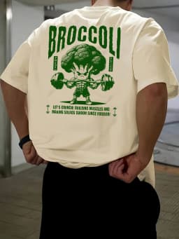Stylish 100 Cotton Mens T shirt Featuring Green Broccoli Gym Character Ideal for Summer Urban Style and Workouts