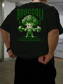 Stylish 100 Cotton Mens T shirt Featuring Green Broccoli Gym Character Ideal for Summer Urban Style and Workouts