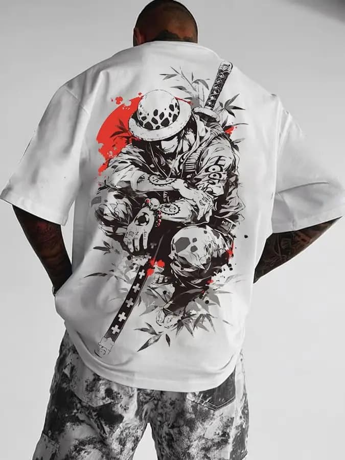 One Piece Trafalgar Law Back Print White T-Shirt Spotted Hat Tattoos Kikoku Sword Red Splatter Bamboo Leaves Anime Cotton Tee