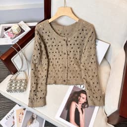 Women's Long Sleeve Button Down Crochet Blouse Open-Knit Floral Lace Cardigan Jacket French Chic Spring Autumn 2026