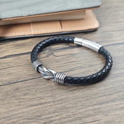 Men Black Leather Bracelet Stainless Steel Infinity Knot Charm Braided Wristband Fashion Bangle Male Jewelry Birthday Gift