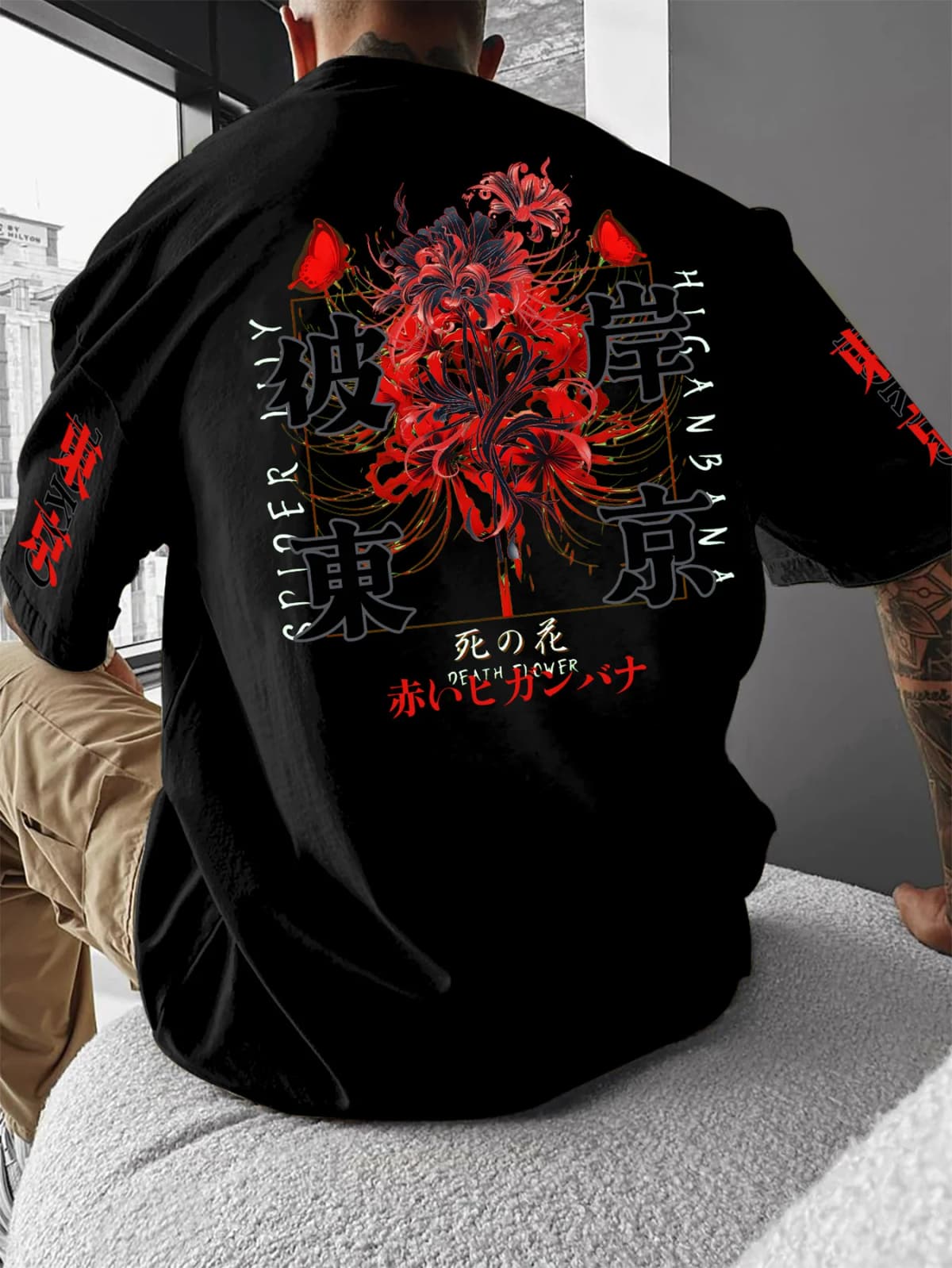 Bian An Hua Art Illustration with "DEATH FLOW" English Elements, European and American Adult Men's Casual Round Neck T-shirt