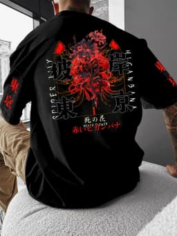 Bian An Hua Art Illustration with "DEATH FLOW" English Elements, European and American Adult Men's Casual Round Neck T-shirt