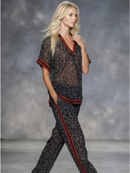 Bonboho Women's Dark Grey Leopard Print Contrast Red Trim Polo T-Shirt Casual Short Sleeve Sheer Loose Summer Streetwear Top