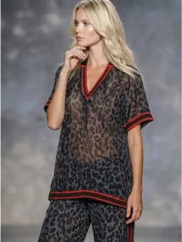 Bonboho Women's Dark Grey Leopard Print Contrast Red Trim Polo T-Shirt Casual Short Sleeve Sheer Loose Summer Streetwear Top
