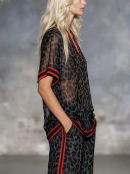 Bonboho Women's Dark Grey Leopard Print Contrast Red Trim Polo T-Shirt Casual Short Sleeve Sheer Loose Summer Streetwear Top