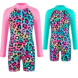 Kids Girl Swimsuit One Piece Girl's Swimwear Rash Guard Set Zipper Front Long Sleeve Leopard Print Bathing Suit for Beach 3-15Y