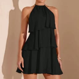 Womens Sleeveless Halter Tiered Chiffon Dress Ruffle Layered Flowy Short Dress Solid Color For Summer Beach Evening Party Occasi