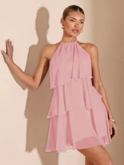 Womens Sleeveless Halter Tiered Chiffon Dress Ruffle Layered Flowy Short Dress Solid Color For Summer Beach Evening Party Occasi