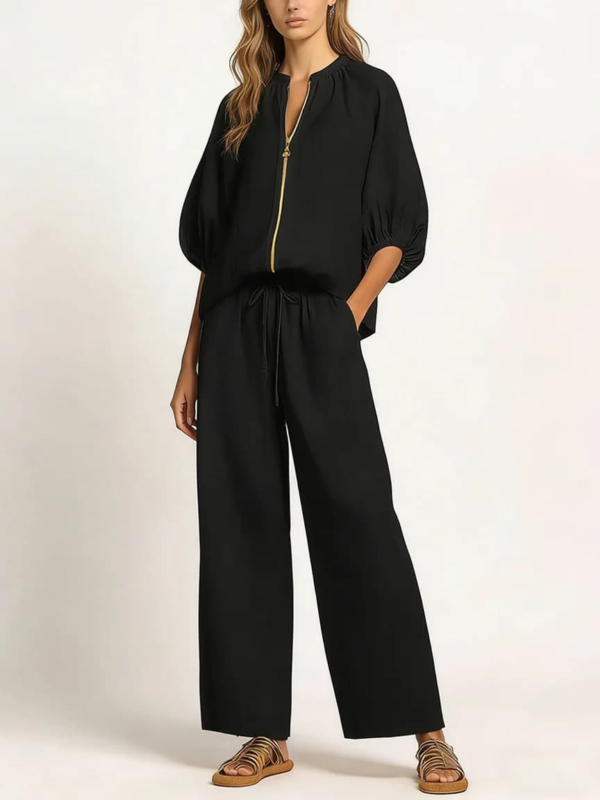 2026 Summer New Western Style Cross-border Women's Clothing Foreign Trade Casual Loose Solid Color Zipper Round Neck Wide-leg Pa