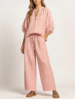 2026 Summer New Western Style Cross-border Women's Clothing Foreign Trade Casual Loose Solid Color Zipper Round Neck Wide-leg Pa