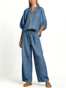 2026 Summer New Western Style Cross-border Women's Clothing Foreign Trade Casual Loose Solid Color Zipper Round Neck Wide-leg Pa