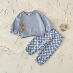 New Design Minimalist Baby Girl Clothes Spring Fall Solid Top+Casual Checked Pants Sets Baby Boy Clothing