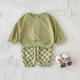 New Design Minimalist Baby Girl Clothes Spring Fall Solid Top+Casual Checked Pants Sets Baby Boy Clothing