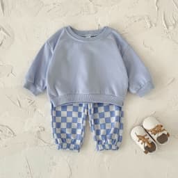 New Design Minimalist Baby Girl Clothes Spring Fall Solid Top+Casual Checked Pants Sets Baby Boy Clothing