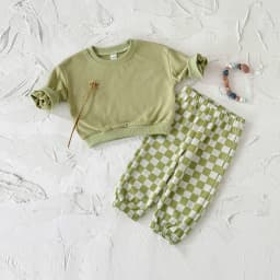 New Design Minimalist Baby Girl Clothes Spring Fall Solid Top+Casual Checked Pants Sets Baby Boy Clothing