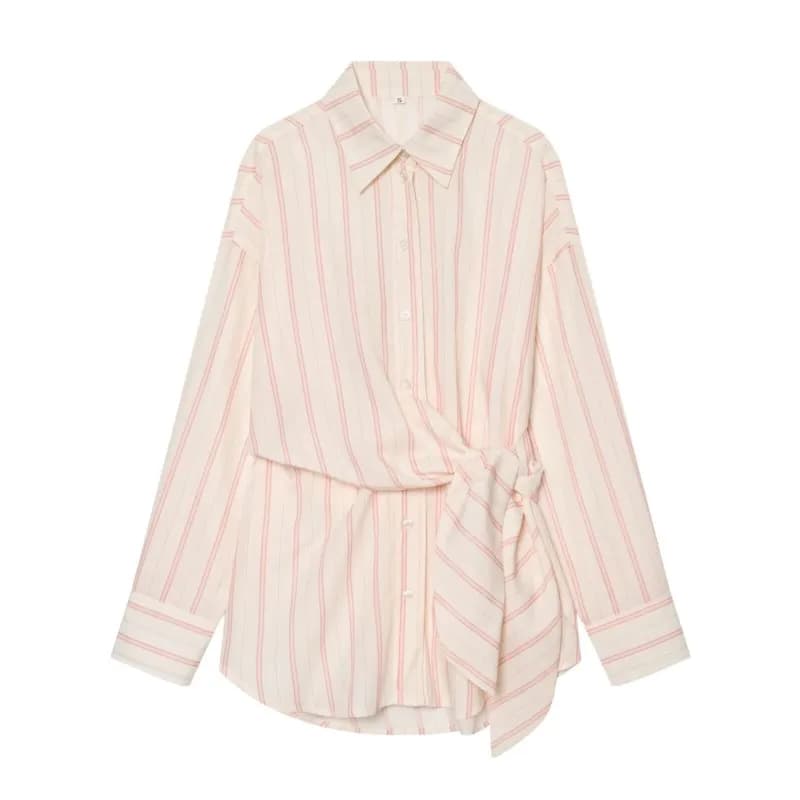 Women's Striped Shirt New 2026 Spring Long Sleeve V Neck Pocket Button Knot Decoration Loose Women Shirt & Blouses Female Tops