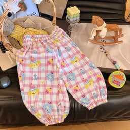2026 Summer Girls Plaid Print Loose Harem Trousers Kids Cartoon Lightweight Anti Mosquito Long Pants Children Bloomers