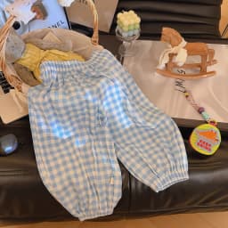 2026 Summer Girls Plaid Print Loose Harem Trousers Kids Cartoon Lightweight Anti Mosquito Long Pants Children Bloomers