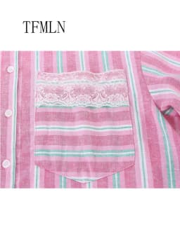 Lace Striped Short Blouses For Women Fashion Lapel Single Breasted Sweet Shirts Long Sleeve Cropped Shirts Tops 2026 Summer
