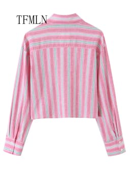 Lace Striped Short Blouses For Women Fashion Lapel Single Breasted Sweet Shirts Long Sleeve Cropped Shirts Tops 2026 Summer