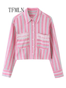Lace Striped Short Blouses For Women Fashion Lapel Single Breasted Sweet Shirts Long Sleeve Cropped Shirts Tops 2026 Summer